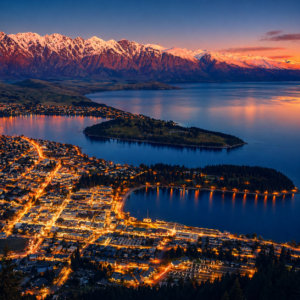 Luxury lakeside mountain destination at sunset with illuminated city view – Gems Grand Tour travel experience